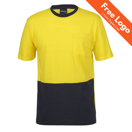 The JB's Wear Hi-Vis Crew Neck Cotton T-Shirt features a UPF 50+ rating, yellow top with black bottom, chest pocket, and includes “Free Logo, 1 Front Digital Logo” in orange. Ideal high-visibility safety workwear by JB's Wear.