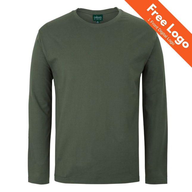 JB's Wear Long Sleeve Non Cuff Tee in olive green, made from 100% cotton for comfort and quality, is displayed on a white background. An orange banner at the top right says "Free Logo 1 Front Digital Logo." Brand: JB's Wear.