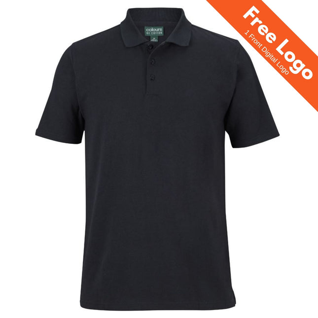 JB's Wear Cotton Short Sleeve Stretch Polo by JB's Wear. Features slim fit, black color, collar, and three buttons. Orange banner in top right reads "Free Logo 1 Front Digital Logo." Modern plain style with no visible design or branding.