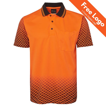 JB's Hi-Vis Net Sub Polo by JB's Wear: bright orange polo with black collar stripes, a geometric black fade, left chest pocket. Moisture-wicking, UPF protection. Free 1 front digital logo included (orange banner).