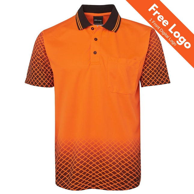 JB's Hi-Vis Net Sub Polo by JB's Wear: bright orange polo with black collar stripes, a geometric black fade, left chest pocket. Moisture-wicking, UPF protection. Free 1 front digital logo included (orange banner).