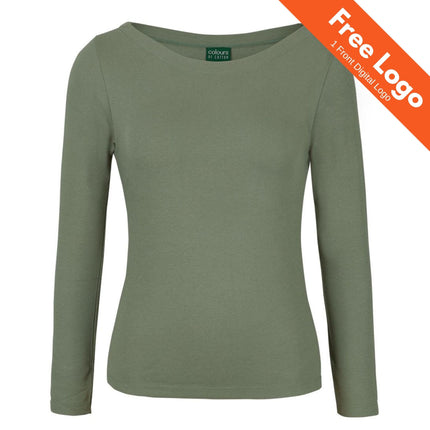 Olive green JB's Wear Long Sleeve Boat Neck Tee for women, 100% cotton with a wide neckline. Shown on plain background with an orange "Free Logo - 1 Front Digital Logo" banner in the top right corner. Brand: JB's Wear.
