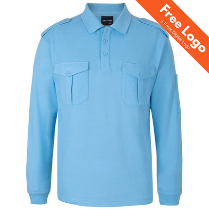 JB's Wear 250 Long Sleeve Epaulette Polo by JB's Wear, ideal for security uniforms or winter workwear. Features buttoned chest pockets and shoulder epaulets. Shown on white background with an orange "Free Logo | 1 Front Digital Logo" banner.