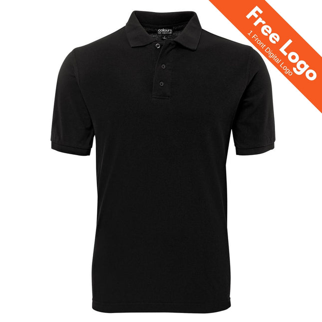 The JB's Wear Pique Polo by JB's Wear is a plain black short-sleeve pique polo shirt. It features added UPF protection and comes with a free front digital logo—ideal for Australian workwear needs.