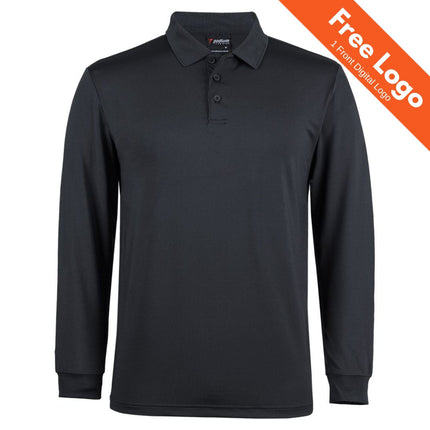 The JB's Wear Podium Long Sleeve Stretch Polo by JB's Wear is a plain black, collared polo with three buttons, made from moisture-wicking stretch fabric. An orange "Free Logo 1 Front Digital Logo" banner appears at the top right corner.