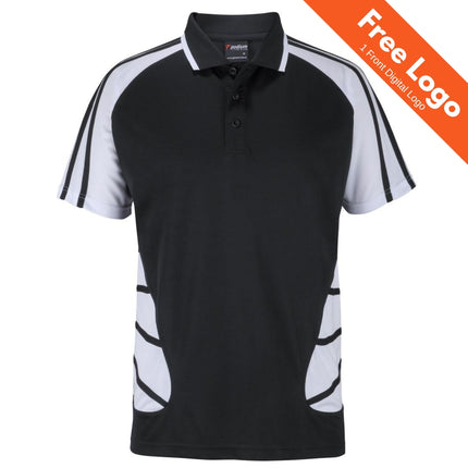 The JB's Wear Arachnid Polo is a black and white short-sleeve polo with sporty stripes, made from lightweight pique knit. Featuring Podium Cool moisture-wicking, it ensures all-day comfort. Free front digital logo offer—see orange banner.