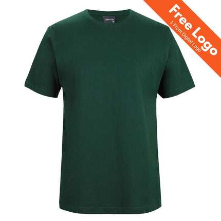 A JB's Wear Classic Tee 100% Cotton short-sleeve T-shirt in dark green is displayed on a white background. An orange corner banner at the top right states "Free Logo 1 Front Digital Logo" in white text.