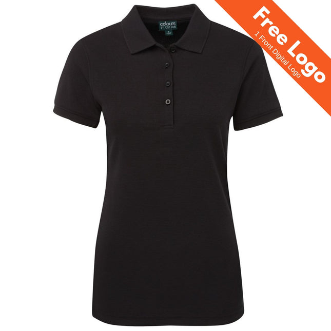 The JB's Wear Ladies Ottoman Polo features short sleeves, a collar, buttons, and 220gsm Ottoman knit—ideal for women's uniforms. An orange banner in the top right corner reads Free Logo | 1 Front Digital Logo. Brand: JB's Wear.