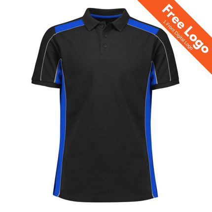 The Biz Collection Unisex Grid Short Sleeve Polo in black features blue side panels, thin white shoulder piping, a collar, and buttons. An orange "Free Logo, 1 Front Digital Logo" banner appears in the top right corner. UPF 50+ protection included.