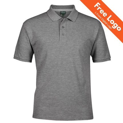The JB's Wear Pique Polo by JB's Wear is a plain grey short-sleeve polo with a collar and three buttons, perfect for workwear in Australia. An orange banner in the top right states “Free Logo | 1 Front Digital Logo.”.