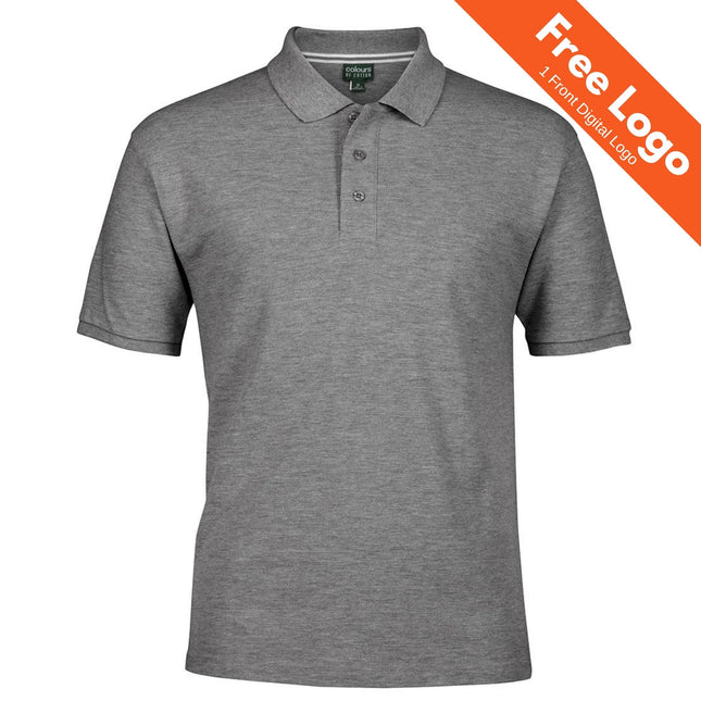 The JB's Wear Pique Polo by JB's Wear is a plain grey short-sleeve polo with a collar and three buttons, perfect for workwear in Australia. An orange banner in the top right states “Free Logo | 1 Front Digital Logo.”.