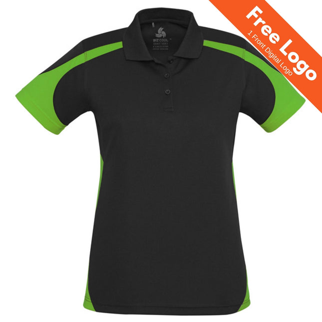 The Biz Collection Womens Talon Short Sleeve Polo by Biz Collection is a black, moisture-wicking polo with bright green sleeve and side accents, a collar, and three buttons. An orange banner offers Free Logo | 1 Front Digital Logo—perfect for team uniforms.