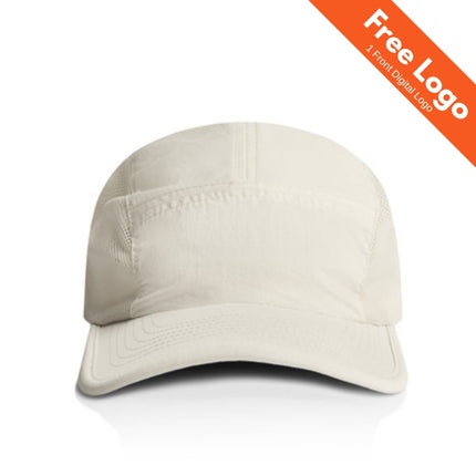 A plain, light beige AS Colour Active Finn Cap from AS Colour is shown facing forward on a white background. An orange banner in the top right reads, Free Logo 1 Front Digital Logo. Perfect for custom logo uniforms or as a lightweight quick-dry cap.