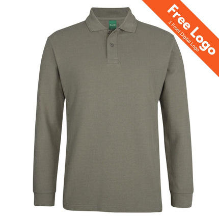 JB's Wear 320G Long Sleeve Popcorn Cotton Polo in olive green, shown on a white background. Top right orange banner says: Free Logo, 1 Front Digital Logo. Enjoy UPF protection and comfort from JB's Wear.