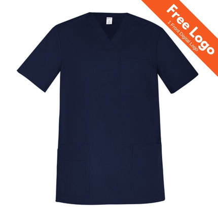 Biz Care Mens Tokyo Scrub Top in navy, shown on a white background with three pockets. Orange “Free Logo 1 Front Digital Logo” banner top right. Antibacterial finish—stylish, practical healthcare workwear from Biz Care.