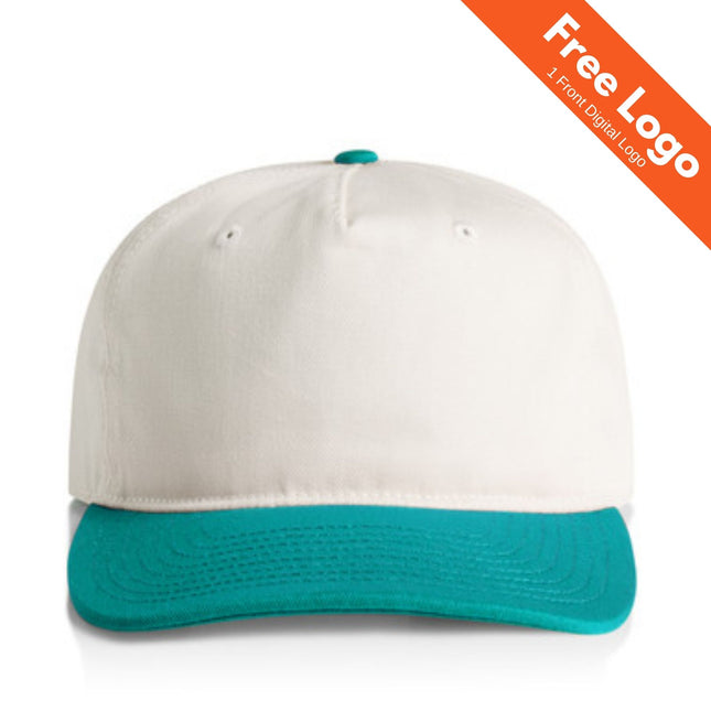 The AS Colour Class Two-Tone Cap by AS Colour features a teal brim and button on a white cotton snapback, shown front view. An orange banner says “Free Logo” and “1 Front Digital Logo.” Ideal for custom logo cap needs.