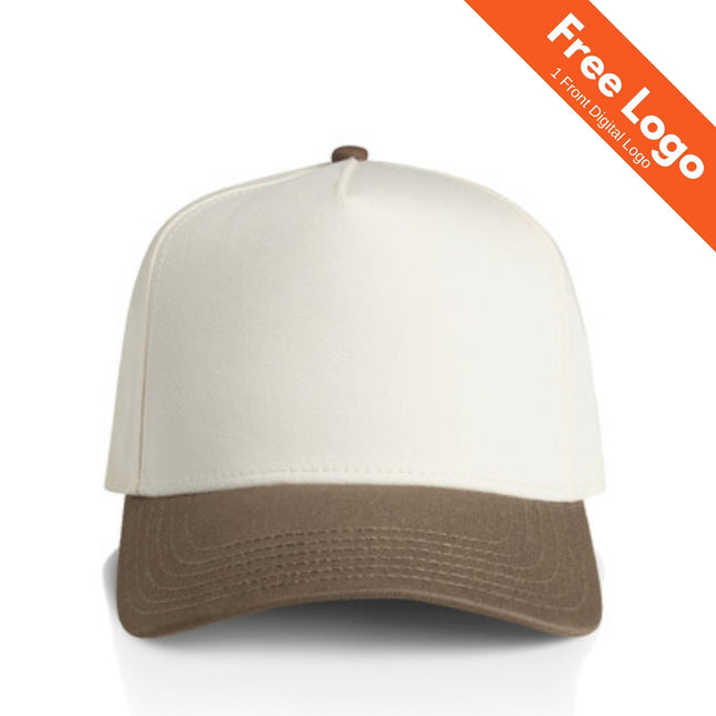 The AS Colour Frame Two-Tone Cap by AS Colour features a cream crown and brown brim, made from 100% cotton. Shown front-facing, it includes an orange “Free Logo” banner with “1 Front Digital Logo” noted below.