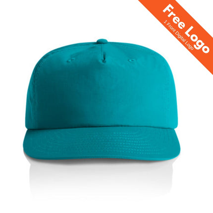 A front view of the AS Colour Surf Cap in plain teal is displayed on a white background, with an orange banner in the top right corner stating “Free Logo 1 Front Digital Logo.”.