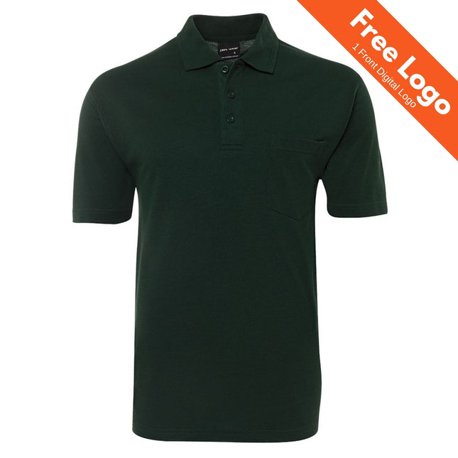 The JB's Wear 210 Pocket Polo by JB's Wear is a dark green short-sleeve shirt with UPF protection and chest pocket. An orange banner says Free Logo, 1 Front Digital Logo—perfect for workwear or everyday wear.