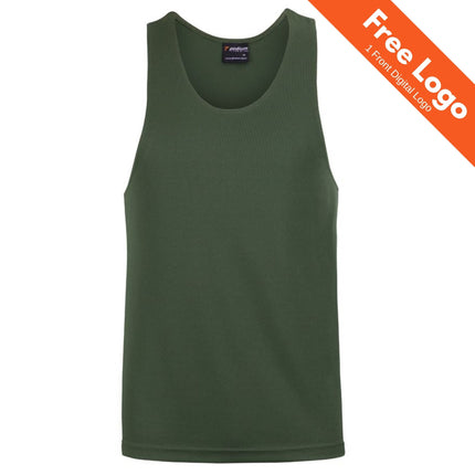 The JB's Wear Men's Podium Poly Singlet, a sleeveless dark green athletic tank top made from Podium Cool moisture wicking fabric, is shown on a white background with an orange “Free Logo 1 Front Digital Logo” banner. Brand: JB's Wear.