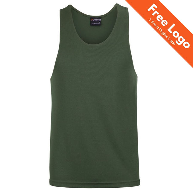 The JB's Wear Men's Podium Poly Singlet, a sleeveless dark green athletic tank top made from Podium Cool moisture wicking fabric, is shown on a white background with an orange “Free Logo 1 Front Digital Logo” banner. Brand: JB's Wear.