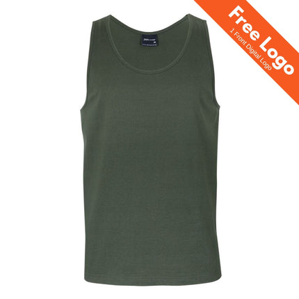 A JB's Wear Men's Singlet in plain dark green is shown on a white background. An orange banner at the top right says "Free Logo - 1 Front Digital Logo," ideal for custom uniforms or a durable cotton team singlet by JB's Wear.