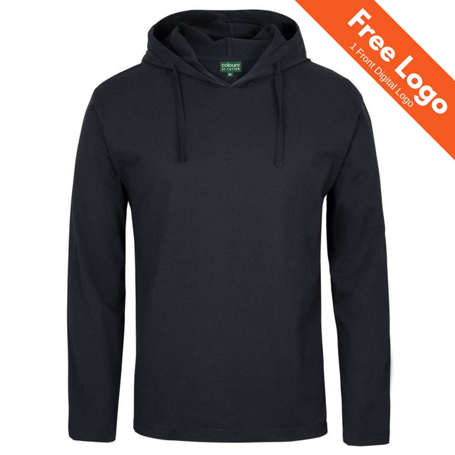 The JB's Wear Long Sleeve Hooded Tee by JB's Wear is a plain black, 100% cotton jersey hoodie with drawstrings, shown on a white background. An orange top-right banner says "Free Logo 1 Front Digital Logo.