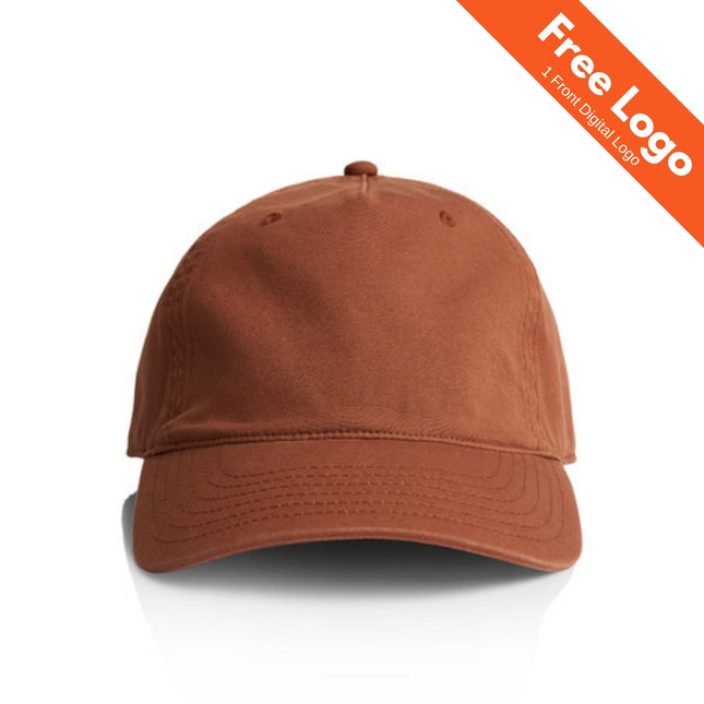 The AS Colour Access Five Panel Cap, shown facing forward with visible stitching, features an orange corner banner reading “Free Logo 1 Front Digital Logo”—ideal for custom branded caps.