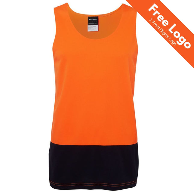 The JB's Wear Hi-Vis Traditional Singlet is a sleeveless women's tank with a bright orange top and black lower panel, perfect for safety workwear. Image shows "Free Logo | 1 Front Digital Logo" in an orange banner at the top right.