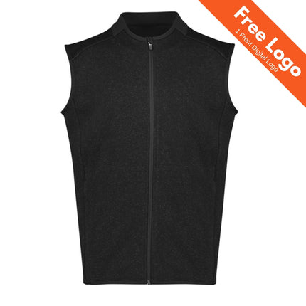 The Biz Care Mens Nova Zip Front Vest, a sleeveless black vest with high collar, is shown on a white background. An orange banner says, “Free Logo 1 Front Digital Logo.” This Biz Care vest is ideal as an anti-bacterial workwear choice.