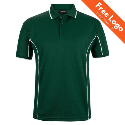 JB's Wear Podium Short Sleeve Piping Polo by JB's Wear in dark green features white piping, a three-button placket, collar, and moisture-wicking fabric. Orange banner at top right says: Free Logo 1 Front Digital Logo.