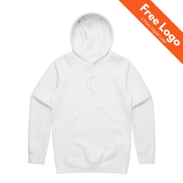 The AS Colour Men's Stencil Hood hoodie by AS Colour is shown in plain white with a front pocket, drawstring hood, and made from 350 GSM fleece. An orange banner reads "Free Logo, 1 Front Digital Logo" in white text.