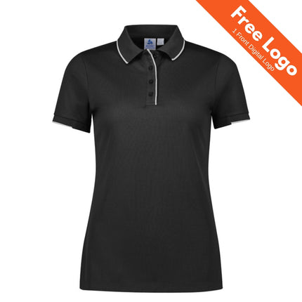 The Biz Collection Womens Focus Short Sleeve Polo is a black work polo featuring white trim on the collar and sleeves. An orange "Free Logo, 1 Front Digital Logo" banner tops the image—ideal for hospitality uniforms or branded workwear in Australia.