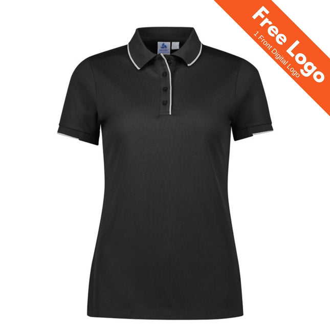 The Biz Collection Womens Focus Short Sleeve Polo is a black work polo featuring white trim on the collar and sleeves. An orange "Free Logo, 1 Front Digital Logo" banner tops the image—ideal for hospitality uniforms or branded workwear in Australia.