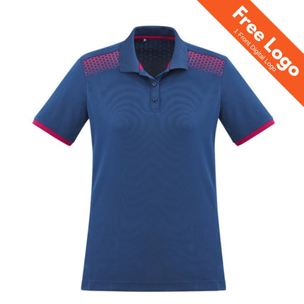 The Biz Collection Womens Galaxy Short Sleeve Polo features blue breathable polyester, red checkered shoulder detail, and red sleeve trim. Orange banner: “Free Logo – 1 Front Digital Logo.” Perfect for sports team uniform suppliers. Displayed on white background.