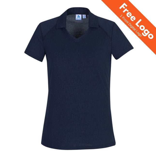 Biz Collection Women Byron Sleeve Polo in navy blue, made from cotton-rich jersey uniform fabric. Features a “Free Logo 1 Front Digital Logo” orange banner—perfect for hospitality staff uniforms. Brand: Biz Collection.