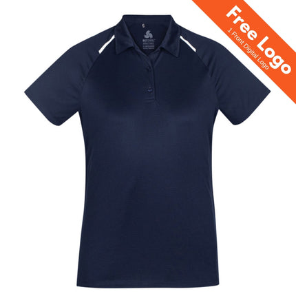 Biz Collection Womens Academy Short Sleeve Polo in navy blue, features a collar and buttons. Made of breathable polyester with UPF 50+ protection. Free Logo—1 front digital logo. Displayed on a white background; brand: Biz Collection.