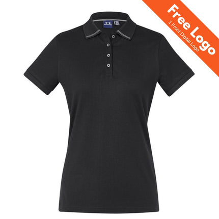 The Biz Collection Womens Aston Short Sleeve Polo by My Promo Shop is 100% cotton with a buttoned collar. An orange top-right banner says "Free Logo 1 Front Digital Logo." Displayed on a white background.