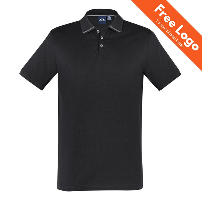 Biz Collection Mens Aston Short Sleeve Polo for men, 100% cotton with contrast collar trim, shown on a white background. An orange banner at the top right says “Free Logo, 1 Front Digital Logo.” Brand: Biz Collection.