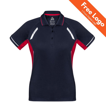 The Biz Collection Womens Renegade Short Sleeve Polo features navy blue and red colors with white accents, a three-button collar, UPF 50+ protection, and includes a free front digital logo as shown on the orange banner.