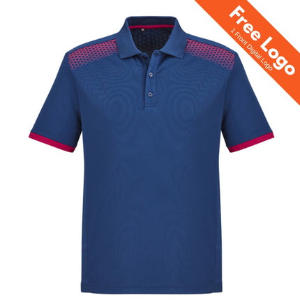 The Biz Collection Men's Galaxy Short Sleeve Polo in blue with red shoulder and cuff accents, made from breathable polyester, is shown on a white background with an orange "Free Logo | 1 Front Digital Logo" banner for sports team customization.
