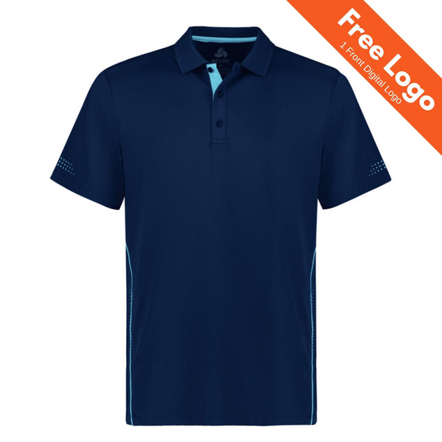Biz Collection Kids Balance Short Sleeve Polo by Biz Collection in navy blue with light blue collar and side accents, button-up placket, subtle sleeve details, and UPF 50+ protection. Free Logo: 1 Front Digital Logo (orange banner). Perfect for school uniforms.