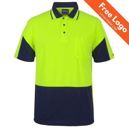 JB's Wear JB's Hi-Vis Short Sleeve Gap Polo features a bright yellow-green top, navy blue collar, sleeves, and bottom, a chest pocket, moisture-wicking fabric, and a "Free Logo" label on the upper right corner.