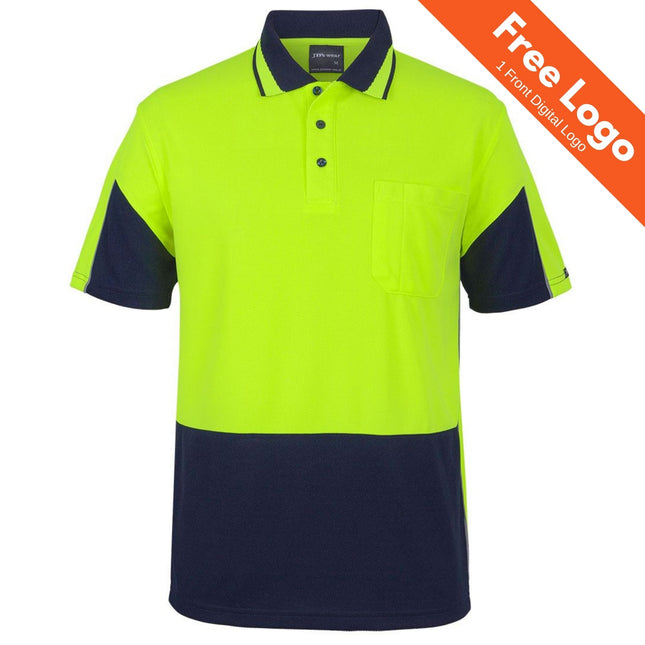 JB's Wear JB's Hi-Vis Short Sleeve Gap Polo features a bright yellow-green top, navy blue collar, sleeves, and bottom, a chest pocket, moisture-wicking fabric, and a "Free Logo" label on the upper right corner.
