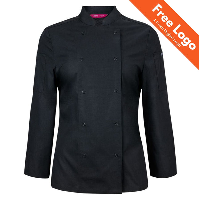 The JB's Wear Ladies Long Sleeve Snap Button Chef Jacket in black, made from lightweight poly cotton, is shown on a white background with an orange corner banner reading "Free Logo | 1 Front Digital Logo" in white text.