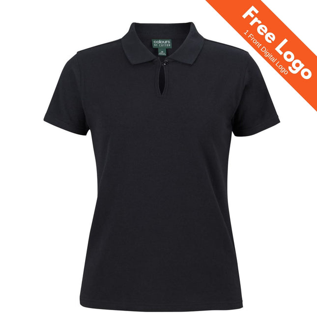 The JB's Wear Ladies Cotton Short Sleeve Stretch Polo is a plain black stretch cotton polo with short sleeves, a collar, and a small front keyhole. An orange banner in the top right says "Free Logo 1 Front Digital Logo.