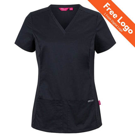 The JB's Wear JB's Ladies Premium Stretch Panel Scrub Top features short sleeves, a V-neck, two front pockets, and premium stretch fabric. An orange corner banner displays "Free Logo - 1 Front Digital Logo." Perfect for healthcare professionals.