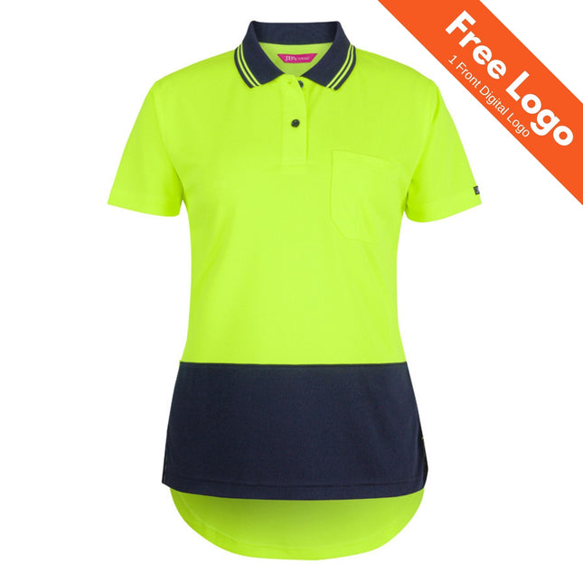 JB's Wear Ladies Hi-Vis Short Sleeve Drop Tail Polo by JB's Wear features moisture-wicking fabric, bright yellow and navy design, a front pocket, and striped collar. Includes Free Logo: 1 Front Digital Logo. Ideal for safety workwear.