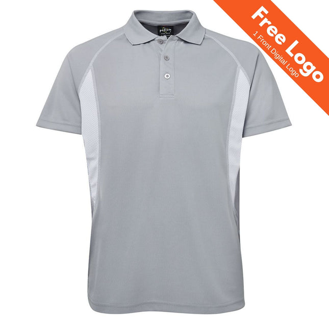 The JB's Wear Podium Insert Polo is a gray lightweight shirt with white side panels, a button-up collar, and Podium Cool moisture wicking. An orange banner at the top right says, “Free Logo, 1 Front Digital Logo.” Brand: JB's Wear.