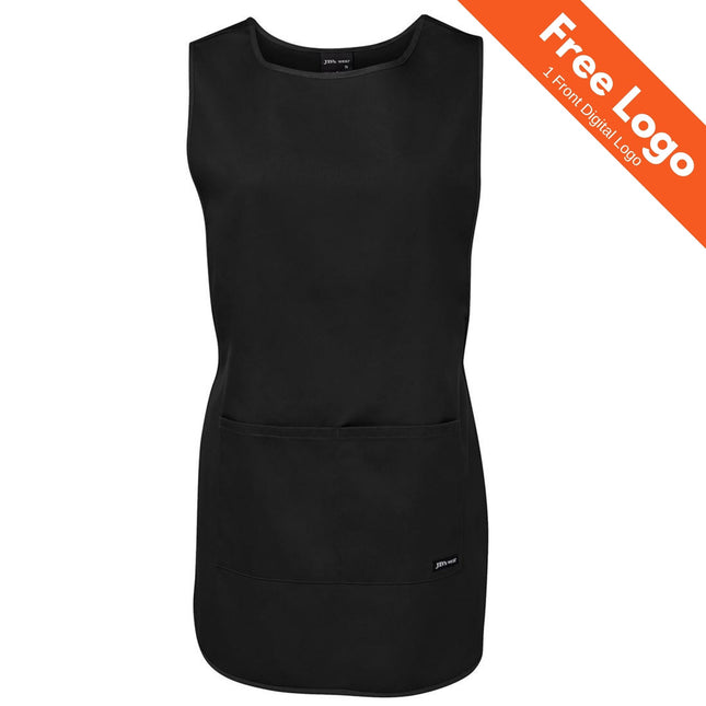 JB's Wear JB's Smock is a sleeveless black tabard apron made from durable poly cotton drill with two front pockets, shown on a white background. An orange banner in the top right reads, “Free Logo, 1 Front Digital Logo.”.